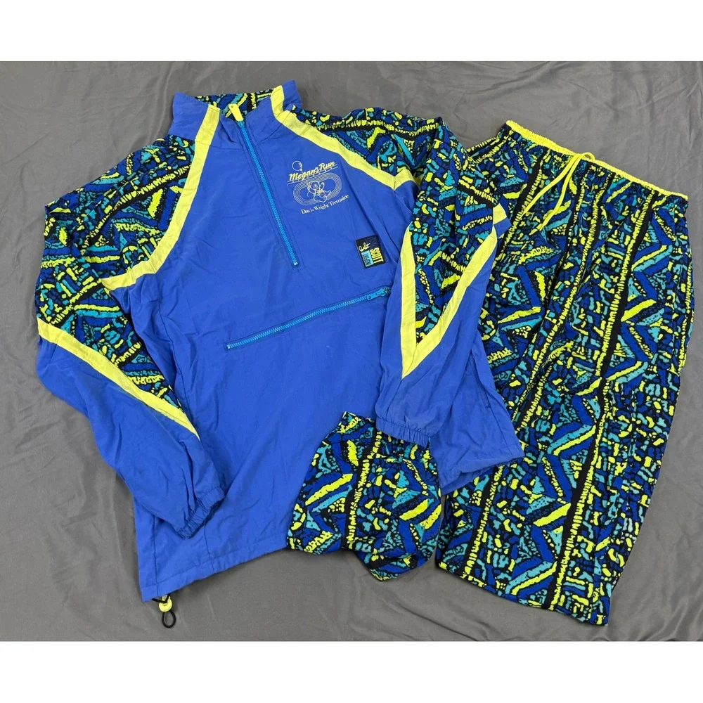 Vintage Insport Mens Tracksuit Set Large Blue Yellow Geometric 90s Windbreaker